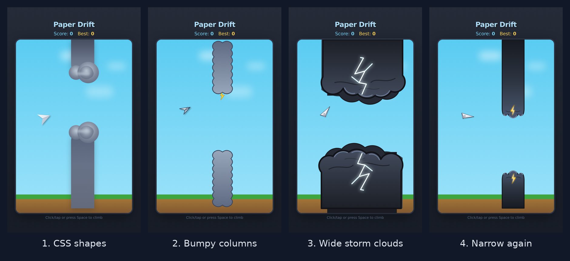 Four versions of the storm cloud obstacles. First, plain grey shapes with round puffs on the end. Second, bumpy grey columns. Third, wide dark storm clouds with lightning that take up almost half the screen. Fourth, the current narrow dark columns with a small lightning bolt.