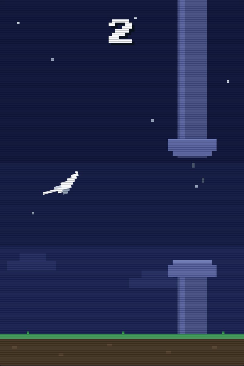 The pixel art version of Paper Drift: a white pixel paper plane flying through the gap between two blocky storm clouds on a dark blue night sky, with a big score of 2 at the top