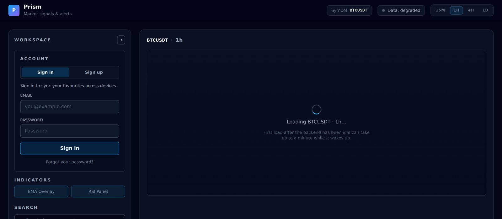 Prism waking up. The chart area shows a spinner with the text "Loading BTCUSDT 1h... First load after the backend has been idle can take up to a minute while it wakes up."